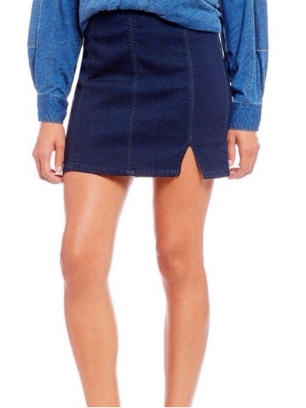 Free People Dark Wash Denim Mini Skirt with Slit - Size M